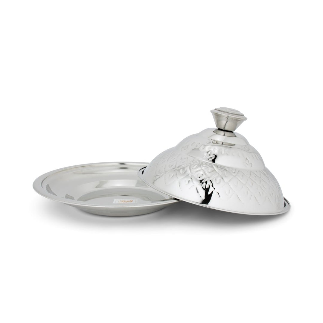 ALMARJAN 30 CM Roy Collection Round Stainless Steel Koozy Tray With Cover Silver STS0292329 Opened Cover
