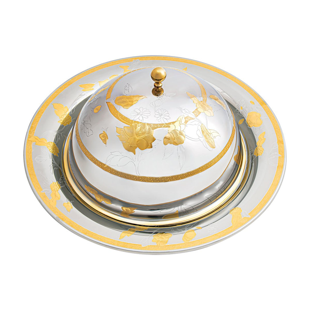 Almarjan 38 CM Flowers Collection Stainless Steel Round Serving Tray with Cover - STS2051112
